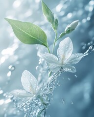 Canvas Print - White flowers with green leaves and water droplets in a splash of water.