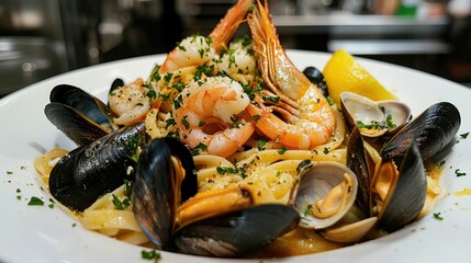 Wall Mural - A delicious plate of fresh seafood linguine with shrimp, clams, and mussels, garnished with parsley and lemon zest