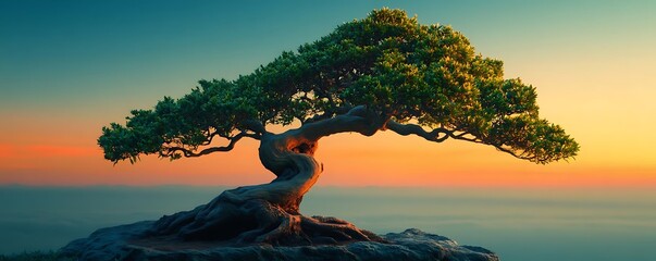 Canvas Print - Tranquil Bonsai Tree at Sunset - Illustration