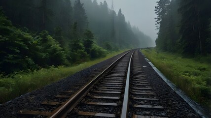 A railway track leading into the distance, wet with rain, as fog rolls in from the surrounding forest --ar 3:2 --v 4