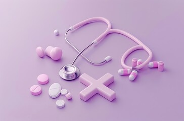 Medical stethoscope and pills on purple background