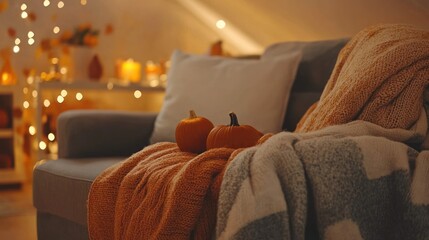 Poster - Cozy autumn living room with pumpkins on a blanket-covered sofa.