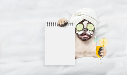 Aufkleber - Funny Pug puppy with towel on it head,with cream on it face and a pieces of cucumber on it eyes holds orange cocktail and relaxing on the bed at beauty salon and showing empty list. Top down view