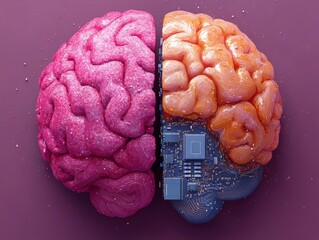 artificial intelligence concept: human brain merging with technology, human brain vs ai technologies