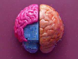 Wall Mural - artificial intelligence concept: human brain merging with technology, human brain vs ai technologies