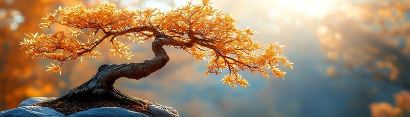 Wall Mural - Golden Bonsai Tree in a Tranquil Setting - A Realistic Photograph