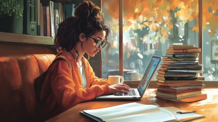 Young Woman Working on Laptop in Cozy Cafe with Autumn Foliage Outside the Window