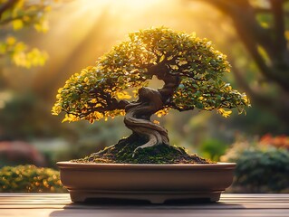 Wall Mural - Bonsai Tree in Pot With Golden Sunset Light - Realistic Image