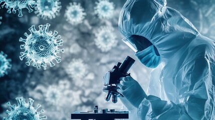 Fototapete - Medical personnel wear protective suits while examining viruses under a microscope, focusing on disease control and research in a laboratory. Generative AI