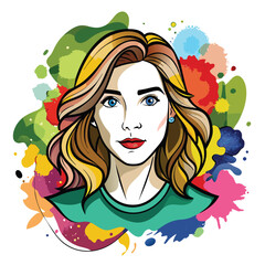 Illustrated woman with neutral expression, splatter paint background, colorful vector art, contemporary design