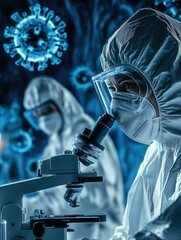 Poster - Medical professionals in protective suits analyze viruses using a microscope, highlighting the critical work of disease control in modern laboratories. Generative AI