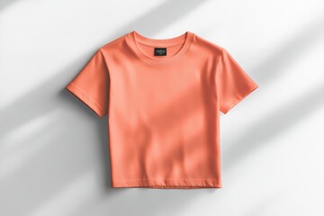 a minimalistic image of a plain coral colored t-shirt laid flat against a bright white background wi