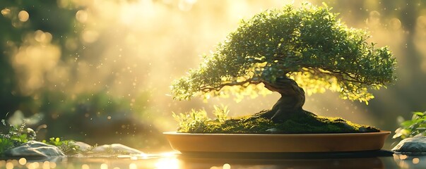 Canvas Print - Bonsai Tree in Golden Sunlight -  Illustration