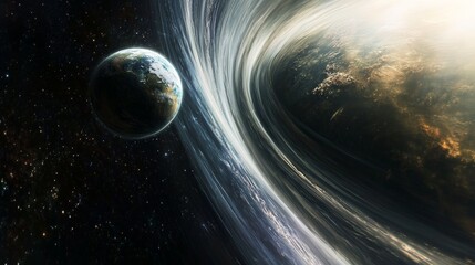 Planet positioned near intricate rings of light against a dark space background, illustrating the beauty and complexity of celestial bodies and their environments.