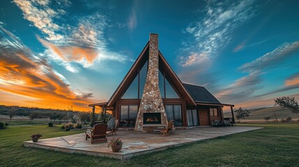 Wall Mural - Modern cabin with a stone fireplace and a patio under a sunset sky.