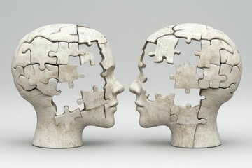 Poster - Abstract Sculpture of Two Human Heads with Puzzle Piece Cutouts Representing the Cognitive Connection and Interplay Between Thoughts and Memories in a Monochromatic Setting