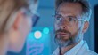 © Wimon - A focused professional man wearing glasses engages in conversation in a modern medical environment, showcasing expertise and collaboration.