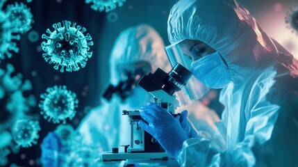 Poster - Medical professionals in protective suits investigate viruses using a microscope, highlighting critical disease control efforts in a laboratory environment. Generative AI