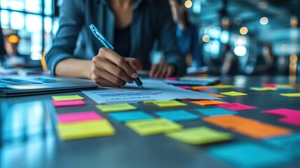 Close Up of Person Writing on Paper with Sticky Notes