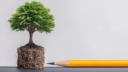 A small tree with lush green leaves grows from soil, beside a yellow pencil, symbolizing growth and creativity.