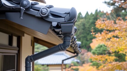 Poster - Close-up of a traditional Japanese roof with black gutter and downspout against a backdrop of autumn foliage.