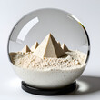 © 현숙 윤 - A snow globe filled with sand and tiny pyramids instead of snow on a white background.