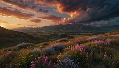 Wall Mural - Vibrant Sunset Over Flowered Valley