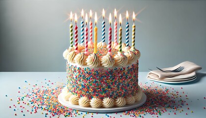 A birthday cake with a smooth white frosting, adorned with an assortment of colorful sprinkles and ten lit candles in different striped patterns.