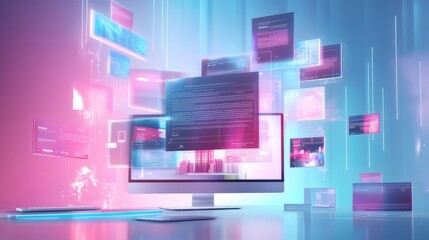 Wall Mural - concept of assembling a web page from modules that fly around the display. the web design studio con