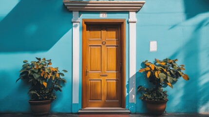 Canvas Print - A wooden door with a number '01' on a blue wall with two plants on either side.