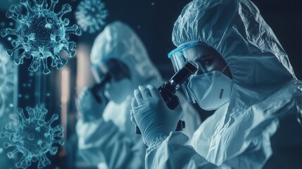 Fototapete - Medical professionals in protective suits analyze viruses under microscopes as part of ongoing disease control initiatives in a laboratory. Generative AI