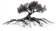 © OlScher - Ancient olive tree with exposed roots on sandy ground against white backdrop
