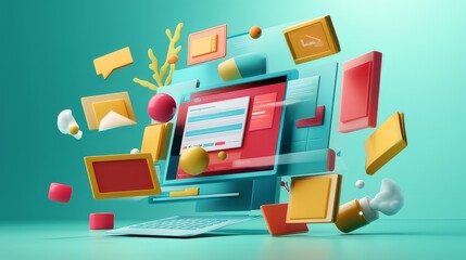 Wall Mural - concept of assembling a web page from modules that fly around the display. the web design studio con