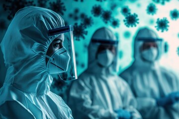 Poster - Medical professionals in protective suits observe viruses under a microscope while surrounded by symbols representing disease control efforts. Generative AI