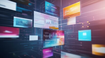 Wall Mural - concept of assembling a web page from modules that fly around the display. the web design studio con