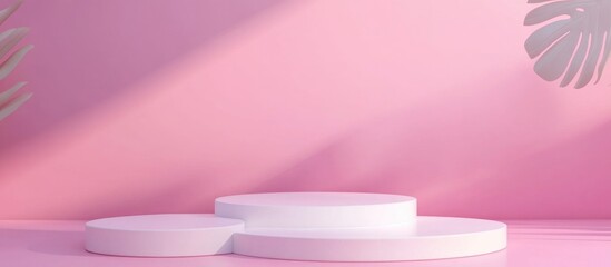 3D rendered geometric shapes featuring a white podium on the floor with abstract platforms suitable for product presentations against a soft pink pastel background