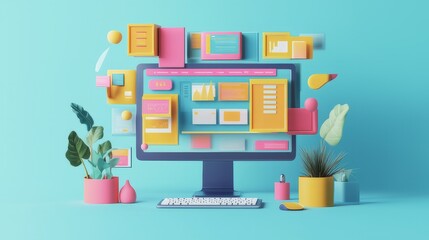 Wall Mural - concept of assembling a web page from modules that fly around the display. the web design studio con
