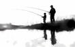 © Vilius - Silhouette of Father and Son Fishing Together by the Water’s Edge, Reflections on Calm Water, Black-and-White Scene, Parent-Child Bonding in Nature, Tranquil Outdoor Activity