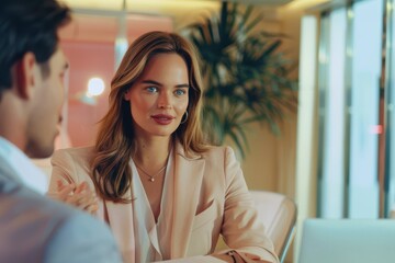 Poster - Businesswoman talking to a colleague in the office Couple of business persons during a meeting