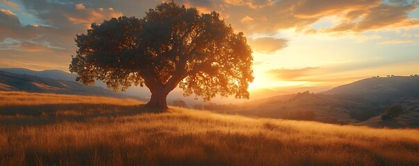 Canvas Print - Solitary Tree on a Hilltop at Sunset - Photo