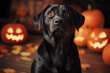 halloween glowing pumpkin labrador black big dog black labrador looking at camera blurred background autumn indoors outdoor