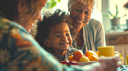 Two grandmothers are babysitting their little grandson. Two old black women and a child are sitting at the kitchen table having breakfast. Two elderly lesbians adopted a little boy