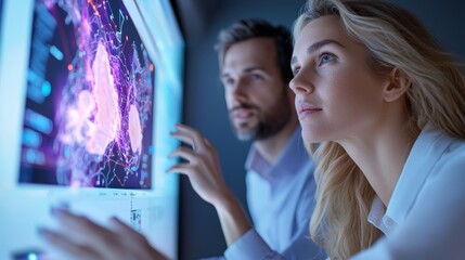 Two professionals analyze data on a computer screen, showcasing collaboration and technology in a modern office environment.