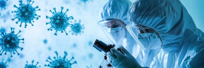 Fototapete - Two medical workers in protective suits analyze viruses under a microscope, emphasizing their role in disease control and research. Generative AI