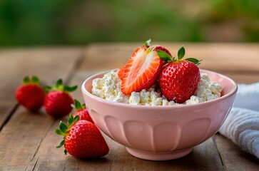 Wall Mural - Close up photo of a pink ceramic bowl full of fresh white organic cottage cheese curd decorated by ripe red strawberries standing on a rustic wooden table with a blurry garden in the background.