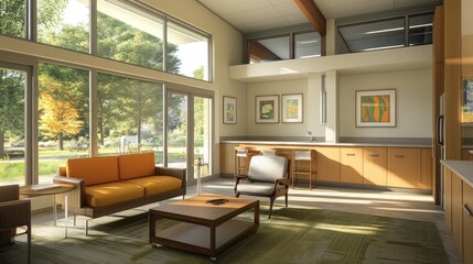 Wall Mural - Modern living room with large windows overlooking a green lawn and trees, with a couch, coffee table, armchair, and artwork.