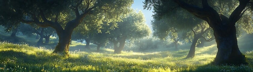 Wall Mural - Sunlit Meadow with Trees 3D Illustration