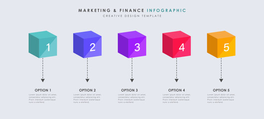 Wall Mural - Infographic template with arrows and 5 options or steps. 3d Multicolored cubes. Workflow layout, diagram, banner, webdesign. Vector illustration