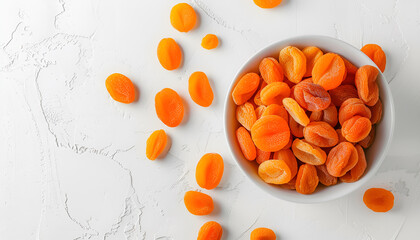 Flat lay composition with bowl of dried apricots on white background. Healthy fruit