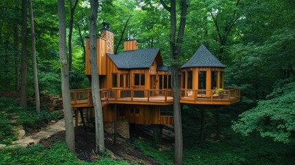 Poster - A charming wooden treehouse with a wraparound deck and a stone walkway leading to it, nestled amongst the lush green trees.